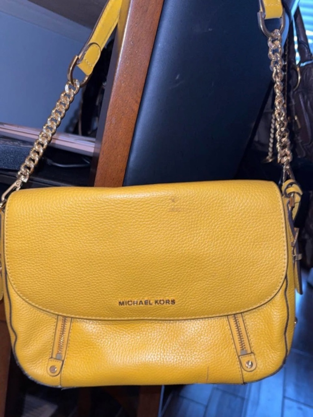 Michael Kors Yellow Pebbled Leather Shoulder Bag with Gold Chain Strap